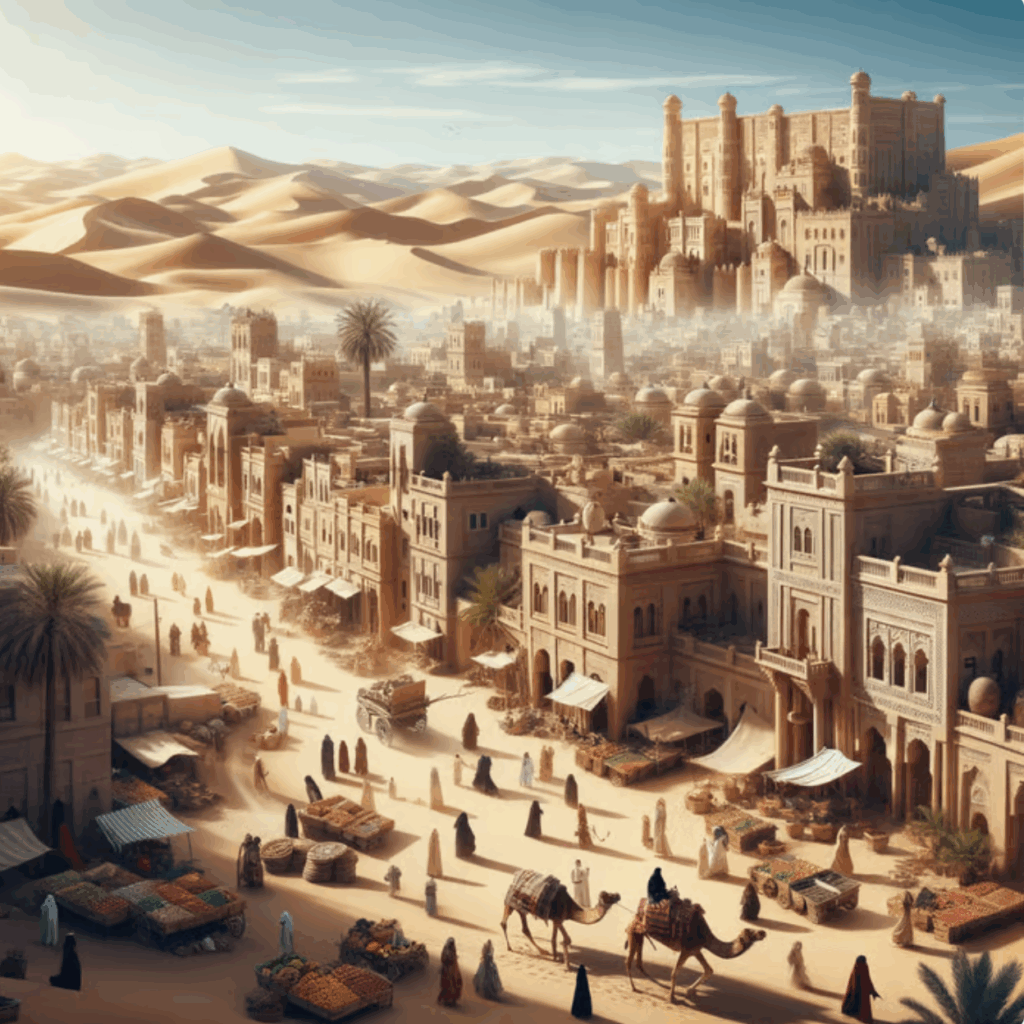 A desert city, with smaller buildings and made of sand and a large sand castle in the backdrop of these buildings. In front of the smaller buildings is a sand street with some palm trees. The street contains camels, people in robelike outfits covering their whole body and head, and outdoor markets set up along the buildings.